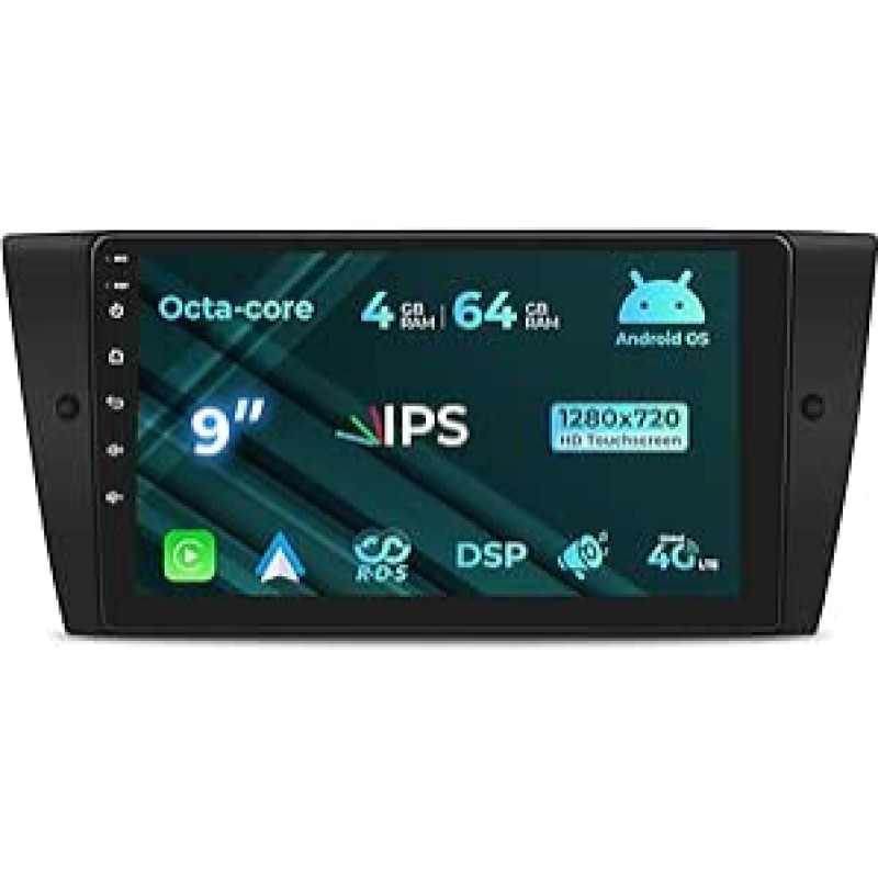 [8 branduolių 4+64GB] Automobilinis radijas BMW 3 serijos E90 E91 E92 E93 M3, 9 colių jutiklinio ekrano radijas su belaidžiu Carplay/Android automobiliniu Bluetooth WLAN 4G GPS navigacija DSP FM/AM RDS SWC Pasirinktinai DAB+