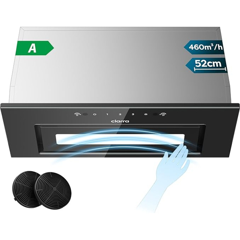 CIARRA CBCB5931B Įmontuojamas gartraukis 52 cm Ventiliatoriaus modulis 460 m³/h Įrengimo gartraukis Jutiklinis valdymas su CBCF055 aktyvuotos anglies filtru Integruotas ištraukiamojo oro recirkuliacijos gartraukis 3 galios lygiai