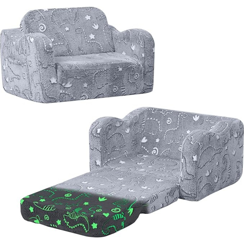 MeMoreCool Children's Sofa Fold-Out 2-in-1 Toddler Sofa Bed, Children's Chair with Sleep Function, Mini Couch for Cuddly Corner Children's Room, Fancy Play Sofa for Girls and Boys, Grey Dinosaur