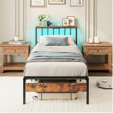 IRONCK lova 90 x 200 cm, lovos rėmas su šviesos diodais ir įkrovimo stotele, daiktadėžė po lova, 2 kintamosios srovės kištukiniai lizdai, 1 USB ir 1 C tipo prievadas, jaunimo lova su metaliniu rėmu, viengulė lova, 90 x 200 cm