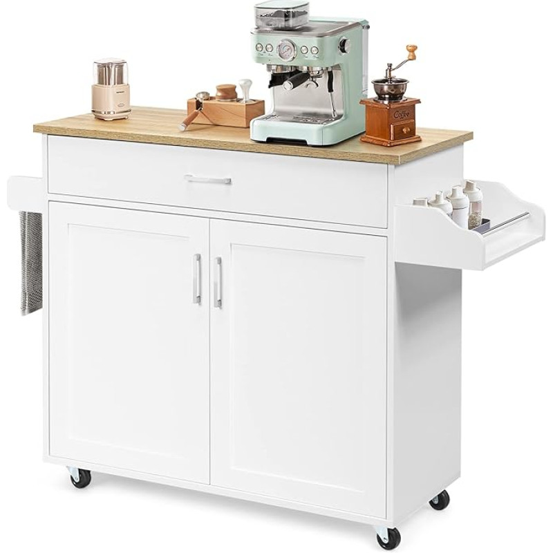 GIANTEX Kitchen Trolley with Worktop, Kitchen Cabinet with Wheels, Movable Kitchen Island, Serving Trolley, Wooden Kitchen Trolley with Drawer, Kitchen Trolley in Country House Style, Vegetable