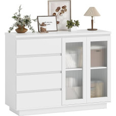 HOMCOM šoninė spintelė, šoninė spintelė su 4 stalčiais, 2 švelniai uždaromomis stiklinėmis durelėmis, virtuvės spintelė, spintelė su reguliuojama lentyna svetainei, 120 x 40 x 91 cm, balta