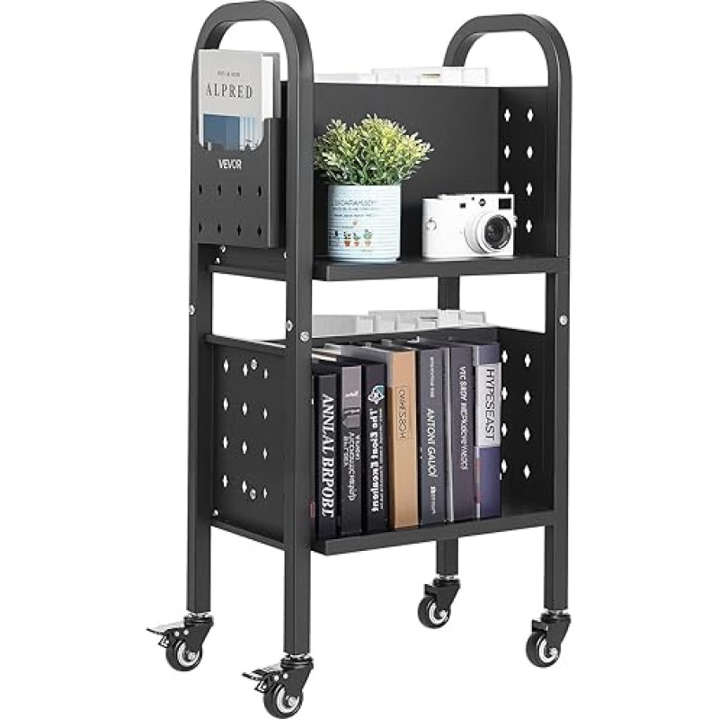 VEVOR knygų vežimėlis, 70 kg keliamoji galia, bibliotekos vežimėlis, 45 x 33 x 88 cm, dvipusė L formos knygų spinta su dvigubais stabdžių ratukais, knygų vežimėlis svetainei, biurui, mokyklai, juodas