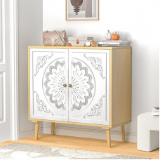 Wooden Sideboard Living Room, Kitchen Cabinet with Adjustable Shelves, Buffet Cabinet with 2 Carved Doors, Tilt Protection, Storage Cabinet for Kitchen, Living Room, Dining Room, Hallway, 80 x