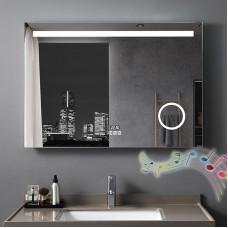 LED Bathroom Mirror with Lighting, 80 x 60 cm, Large Bathroom Mirror with Socket + Clock and Bluetooth Touch, Dimmable, Warm White/Cool White Light, Anti-Fog Wall Mirror