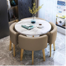 Apvalus nedidelis valgomojo stalo komplektas 4 vietos taupymo daugiafunkciniai virtuvės svetainės stalai Stilingi chaki spalvos baldai valgomajam, konferencijoms ir poilsio kambariams