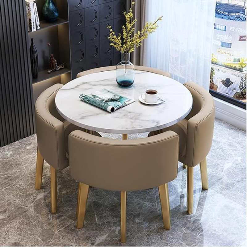 Apvalus nedidelis valgomojo stalo komplektas 4 vietos taupymo daugiafunkciniai virtuvės svetainės stalai Stilingi chaki spalvos baldai valgomajam, konferencijoms ir poilsio kambariams