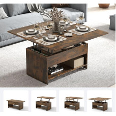 Reguliuojamo aukščio ir ištraukiamas, modernus, su daiktadėže, svetainės staliukas su paslėptu skyriumi ir atlenkiama lentyna, medinis šoninis staliukas, svetainės sofos staliukas, 2 lygiai, kaimiško stiliaus (rudas)