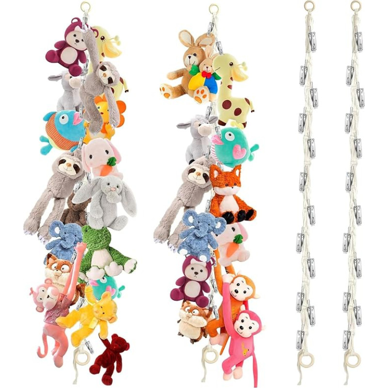 2 Pack Teddy Hammock Toy Hammock Bohemian Style Stuffed Animal Storage Includes 40 Clips Teddy Bear Storage 2 metrai Nursery Decoration for Hanging Plush Dolls