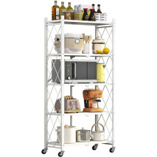 Sulankstomas serviravimo vežimėlis su 4 ratais, riedantis vežimėlis sulankstomas 3/4/5 pakopų mobilus sandėliavimo sulankstomas vežimėlis Mikrobangų krosnelės lentyna Virtuvės vežimėlių lentyna virtuvės biurui (balta, 5 sluoksniai)