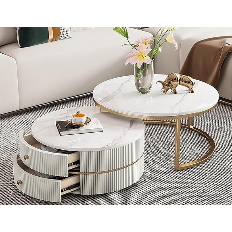 Šiuolaikiniai lizdiniai stalai 2 apvalių kavos staliukų rinkinys su dvigubais stalčiais ir akmens viršaus dizainu Stilingas šoninis staliukas gyvenamajame kambaryje ar miegamajame