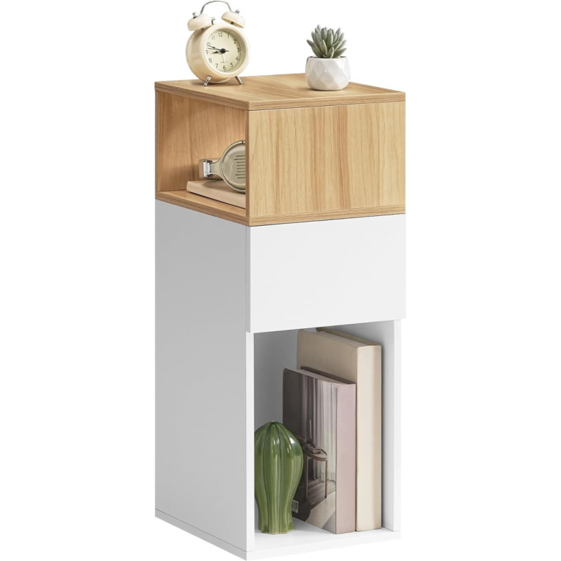 HOOBRO Naktinis staliukas, šoninis staliukas, naktinis staliukas su stalčiumi ir atvirais skyriais, siauras sofos staliukas miegamajame, svetainėje, baltos ir natūralios spalvos EWN196BZ01