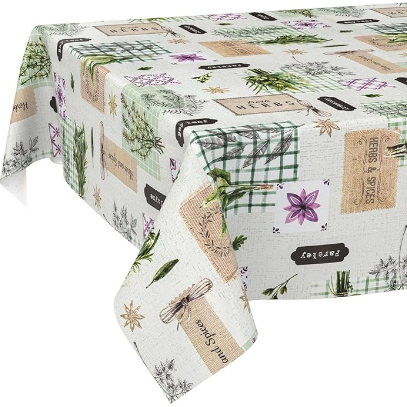 ANRO aliejinė staltiesė, skalbiama sodo staltiesė, nepraleidžianti vandens, 240 x 140 cm, nupjautais kraštais, žolelės, žalia