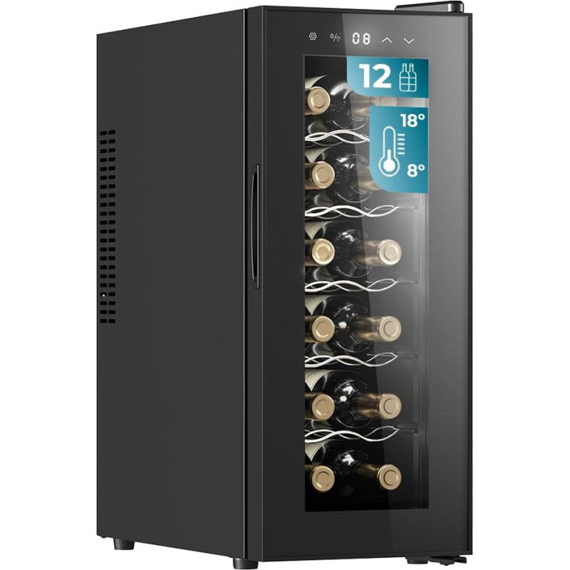 Cecotec Bolero GrandSommelier 1250 CoolCrystal gėrimų šaldytuvas Vyno saugykla 12 butelių Termoelektrinis vėsinimas Tylus 35 dB Reguliuojama temperatūra 8-18 ºC Jutiklinis skydelis ir vidaus apšvietimas LED