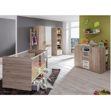 Lomadox Baby Room Set 10 Pieces with Changing Table in Oak with White Including Base Cabinet Shelves, Wall Shelf, Standing Shelf, Wardrobe, Wardrobe Rail, Cot with Bed Sides, Bed Drawer
