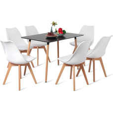EGGREE stačiakampio formos valgomojo komplektas 6 kėdės Virtuvės stalas Medinis stalas | Juodas stalas + 6 baltos kėdės