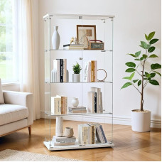 Stiklinė vitrina Stovinti vitrina su stiklu ir užraktu Stiklinė vitrina su stiklu ir 2 durimis 4 skyriai kolekcionuojamiems daiktams, knygoms, modeliams, žaislams (balta)