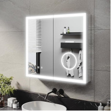 Bathroom Mirror Cabinet with Lighting with Touch and Socket, Anti-Fog, Dimmable, 3x Magnifying Glass, Adjustable Glass Shelf, Aluminium Bathroom Mirror Cabinet, Silver, 65 x 60 x 12.5 cm