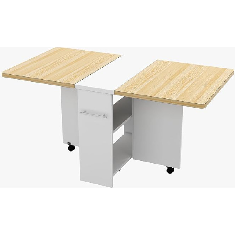 Sulankstomas valgomojo stalas su ratukais, ištraukiamas sulankstomas stalas su 2 lygiais, vietos taupymo stalas mažoms erdvėms, virtuvei, butui, biurui, baltas