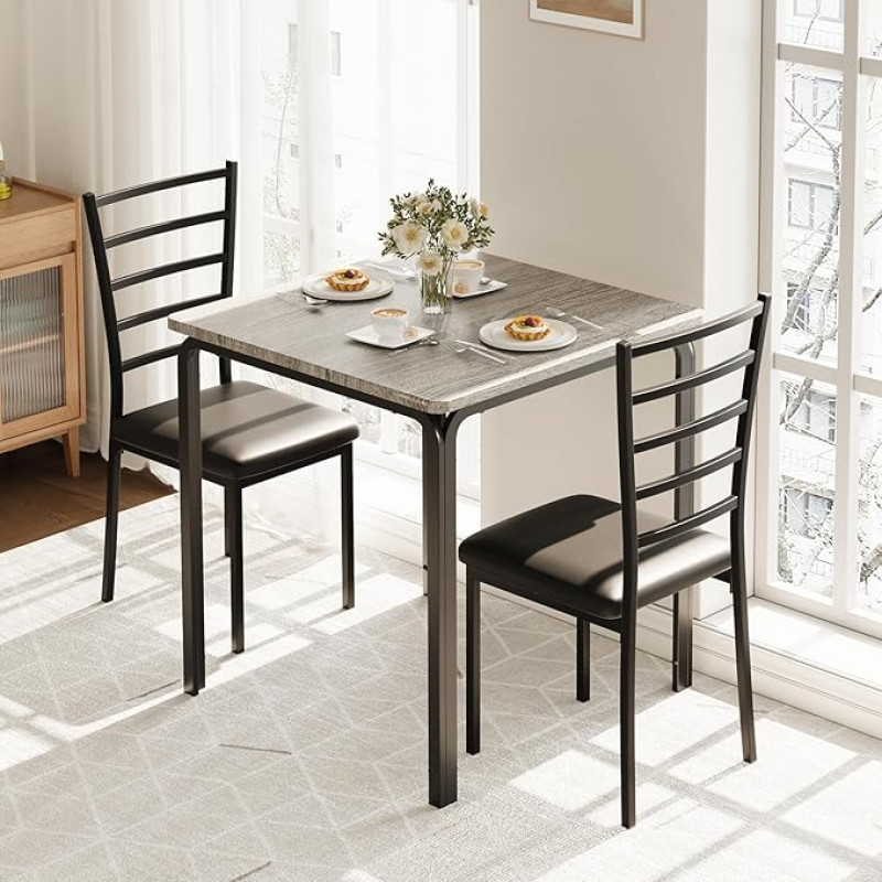 3 dalių stalas su kėdėmis, mažas valgomojo stalas su 2 kėdėmis, kvadratinis metalinis ir medinis valgomojo stalas su 2 minkštomis kėdėmis, virtuvės stalas su 2 kėdėmis mažoms erdvėms, pilkas