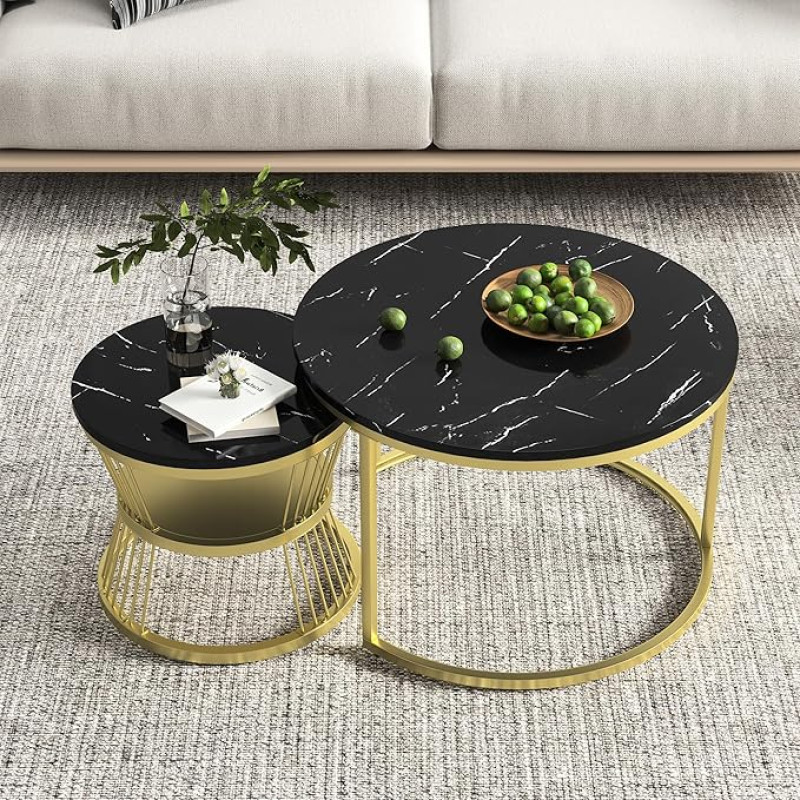 Set of 2 Side Tables Marble Coffee Table Round Storage Low Wooden Table Gigogenic Tables for Living Room Dining Room Bedroom Balcony