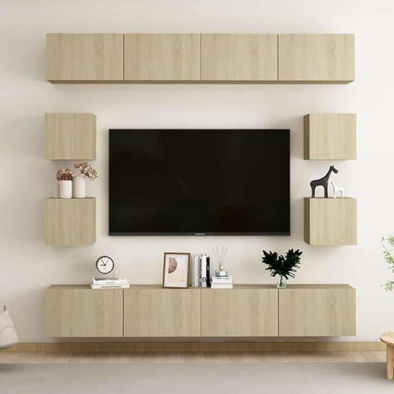 TV Schrank,8-TLG. TV-Schrank-Set Sonoma-Eiche Holzwerkstoff,TV lenta Hängend Schrank Fernsehschrank TV bankas Wohnzimmer Möbel Modern Wandschrank für Wohnzimmer Schlafzimmer