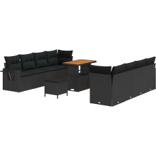 11-teiliges Garten Sofa Set mit Kissen Schwarz Poly Rattan Akazie, 3-teiliges Garten Esstisch Set mit Kissen Schwarz Poly Rattan Akazie Gartenlounge Model3361719