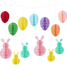 Set of 13 Easter Decorations - Colourful Easter Eggs for Hanging & Easter Decoration Rabbits Made of Honeycomb Paper, Vintage Spring Decoration for Windows, Easter Shrub & Party, Honeycomb Balls