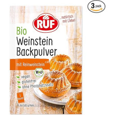 RUF Ekologiški kepimo milteliai be fosfatų, be fosfatų priedų, kildinimo medžiaga pyragams, pyragaičiams, bandelėms ir keksiukams kepti, be glitimo ir veganiška, 3 x 20 g