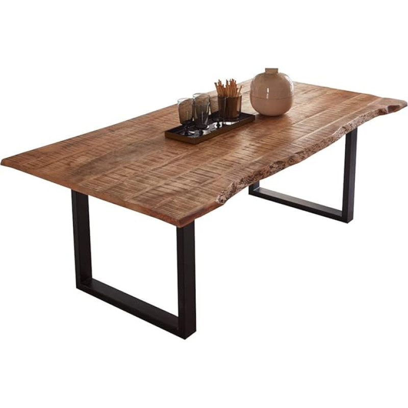 SAM Norina valgomojo stalas 220 x 100 cm Mangmedžio masyvo, lakuotas ir natūralios spalvos, lakuotas stalas su U formos metaliniu rėmeliu, matinės juodos spalvos, su tikrais lakuotais kraštais