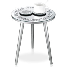 Veidrodinis staliukas su 2 veidrodinio stiklo padėkliukais, modernus sidabrinis akcentinis staliukas, blizgantis veidrodis, šoninis staliukas, sutrupinto krištolo padėkliukai, virtuvės apdaila (apvalus)