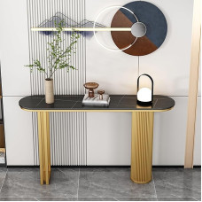Moderner schmaler Konsolen-Eingangstisch mit geometrischem Sockel, industrieller Steinplatte, rechteckiger Metallrahmen, Sofatisch hinter der Couch, für Wohnzimmer, Flur, Foyer