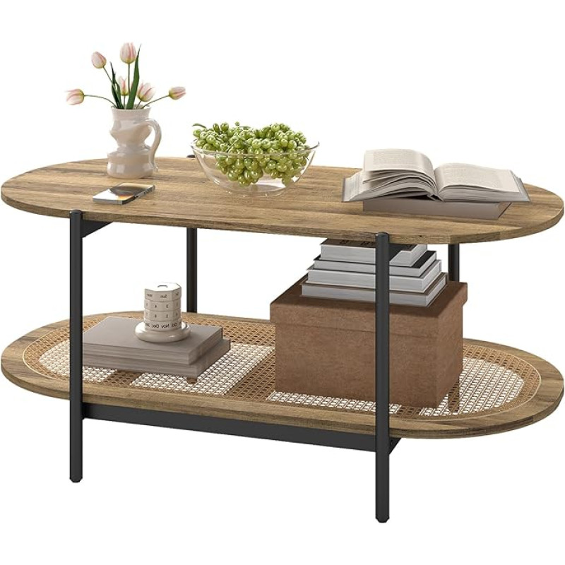 Ovalus medinis kavos staliukas rotango boho stalas Gyvenamasis kambario stalas Ovalus su laikymo vieta Ratano staliukas Medinė sofa Boho
