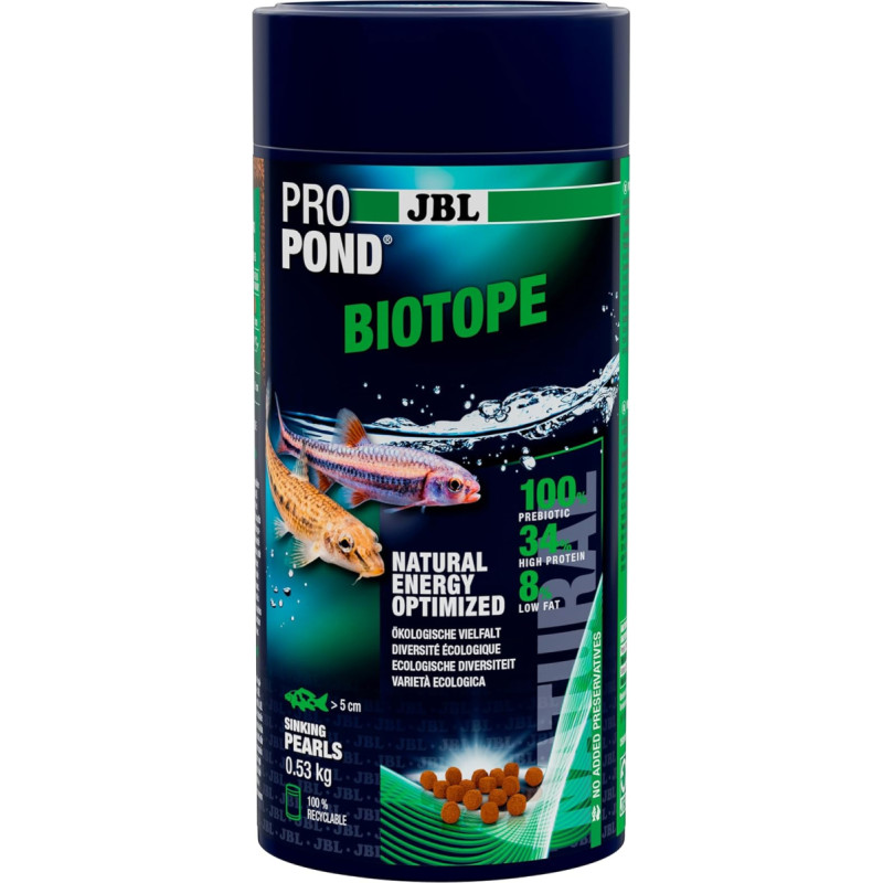 JBL Propond Biotop 0,53 kg (1 l) Visiems metams skirti biotopinių žuvų vabzdžių ir žalialūpių midijų maisto rutuliukai kaip natūralus maistinių medžiagų šaltinis Rūšims tinkama mityba, nuskendimas nuo 10 °C