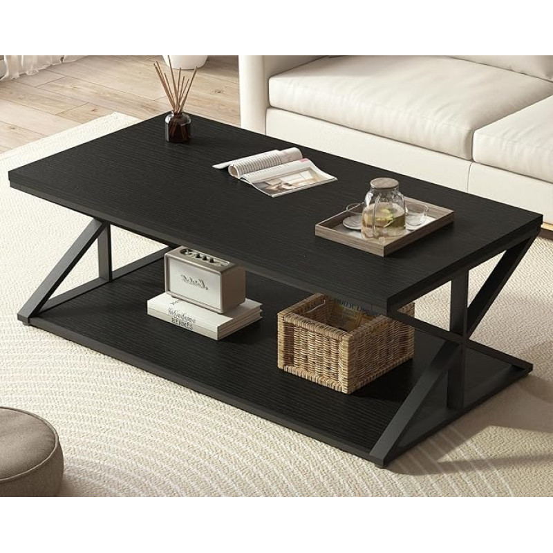 Svetainės staliukas sofai Modernus medinis kavos staliukas su laikymo erdve Svetainės staliukas Tvirtas sofos staliukas Minimalistinis 120 cm kavos staliukas su lentynomis X-Struts Vintage Brown House Table Black