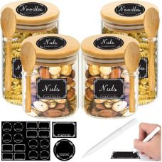 Sandėliavimo stiklainiai su dangteliu, sandėliavimo stiklainiai, 550 ml/750 ml, 4 komplektai sandėliavimo stiklainių su dangteliu ir šaukštu, su 1 žymekliu ir 16 etikečių lipdukų, skirti prieskoniams, arbatai, riešutams, sėkloms