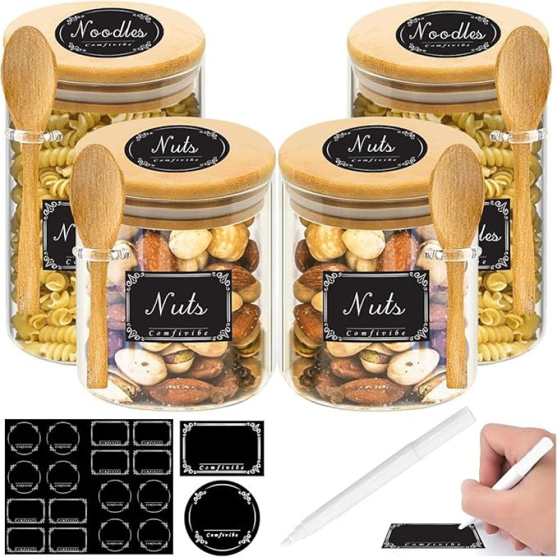 Sandėliavimo stiklainiai su dangteliu, sandėliavimo stiklainiai, 550 ml/750 ml, 4 komplektai sandėliavimo stiklainių su dangteliu ir šaukštu, su 1 žymekliu ir 16 etikečių lipdukų, skirti prieskoniams, arbatai, riešutams, sėkloms