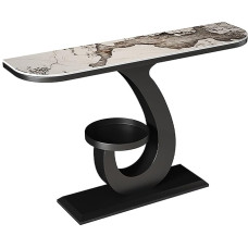 Schmaler Konsolentisch für den Flur mit Steinplatte und Metallgestell, Beistelltisch mit Doppeltem Stauraum, für Flur und Schlafzimmer(Black,120cm/47in)