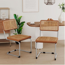 Alunaune Mid-Century Modern Dining Chairs Upholstered Natural Rattan Kitchen Chairs Accent Chair Armless Chair with Chrome Metal Legs for Bedroom Living Room Brown