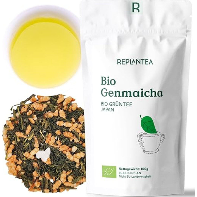 REPLANTEA Ekologiška žalioji arbata Genmaicha Loose 100 g, japoniška žalioji arbata su skrudintais ryžiais, švelnaus riešutų skonio, tradicinis patiekalas su nedideliu kofeino kiekiu