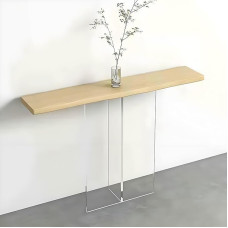 Siauras medinis konsolinis stalas su skaidriomis akrilo kojomis - stilingas ilgas įėjimo stalas gyvenamajame kambaryje Šviesiai rudos spalvos apdaila 120 cm - modernus namų dekoro akcentas