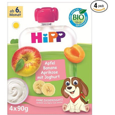 HiPP Ekologiški vaisiai su jogurtu Obuoliai Bananai Abrikosai su jogurtu 4 x 90 g 4 pakuotės (4 x 4 x 90 g)