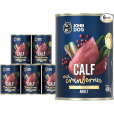 JOHN DOG drėgnas ėdalas šunims Berry Line veršiena su spanguolėmis - grūdų neturintis ėdalas suaugusiems šunims su supermaistu ir 96 % mėsos bei subproduktų - suaugusiems šunims 6 x 400 g