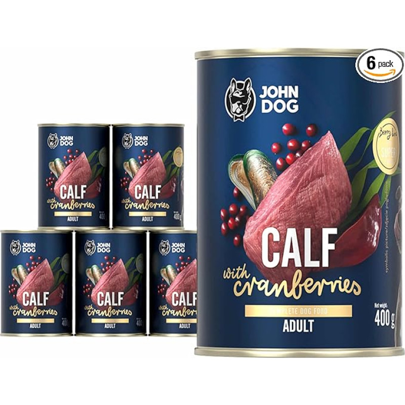 JOHN DOG drėgnas ėdalas šunims Berry Line veršiena su spanguolėmis - grūdų neturintis ėdalas suaugusiems šunims su supermaistu ir 96 % mėsos bei subproduktų - suaugusiems šunims 6 x 400 g