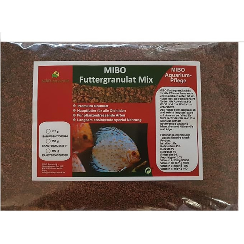 MIBO pagrindinio maisto granulių mišinys 1000 ml/500 g Cichlid Bits visoms dekoratyvinėms akvariumo žuvims