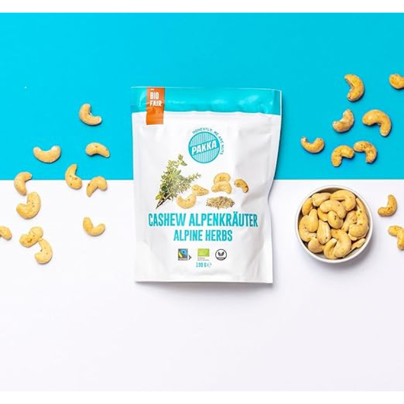 PAKKA Aromating Premium Organic Fairtrade anakardžių riešutai su geriausiomis Šveicarijos Alpių žolelėmis 800 g - 0,8 kg, ekologiški ir sąžiningai skrudinti, Burkina Faso anakardžių riešutai, su prieskoninėmis žolelėmis, veganiški 8 x 100 g