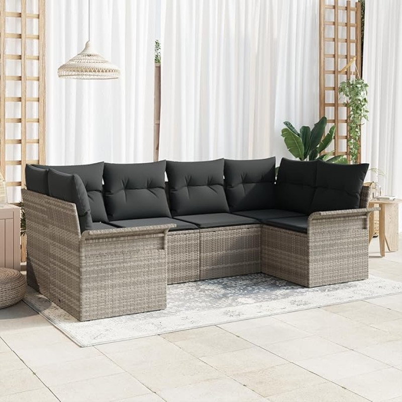 6-teiliges Garten-Sofaset mit Kissen hellgrau aus Poly-Rattan, 2-Sitzer Garten-Sofa mit Stauraum & Kissen hellgrau aus Poly-Rattan Gartenlounge Model3354171