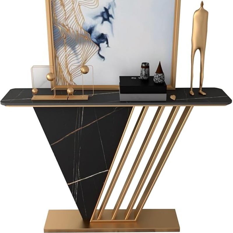 Konsolių stalas Šiuolaikiniai konsoliniai stalai, skirti įėjimo zonai, įėjimo stalas su rėmeliais, pagamintais iš dirbtinio marmuro ir marmuro pagrindo, siauras sofos stalas (spalva: juoda, dydis: 39,4x11,8x31,5 colio)