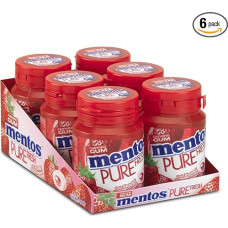 Mentos Pure Fresh Strawberry, kramtomoji guma be cukraus - 6 kramtomosios gumos pakuotės su 30 stiklinių, braškių skonio, su žaliosios arbatos ekstraktu