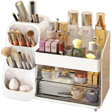 Daugiafunkcinis kosmetikos organizatorius su didele talpa, makiažo organizatorius su stalčiais, lengvai saugomas makiažo šepetėliams, medvilninėms pagalvėlėms, stalinis organizatorius odos priežiūrai (baltas)